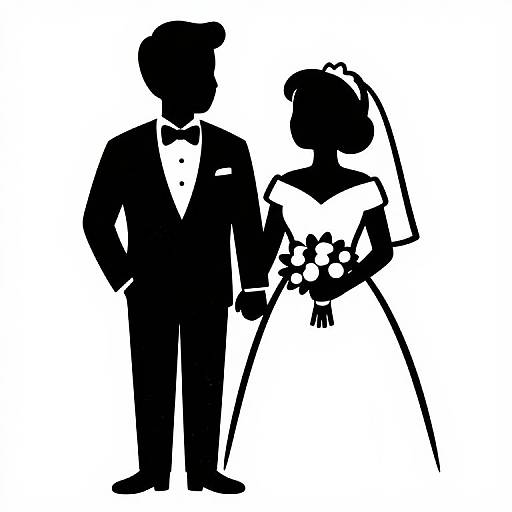 Black and white silhouette of a bride and groom standing together, bride holding a bouquet, both in formal attire, simple and elegant.