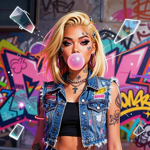 Digital art of a blonde woman with tattoos, blowing bubblegum, wearing a denim vest and black crop top, against colorful graffiti background.