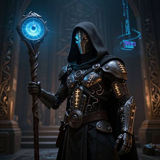 Cyber-gothic warrior in dark hooded cloak, holding glowing blue orb staff, adorned with glowing crosses, in dimly lit, ornate