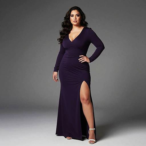 Photograph of a confident woman with long black hair wearing a black, long-sleeved, deep V-neck dress with a high thigh slit, standing