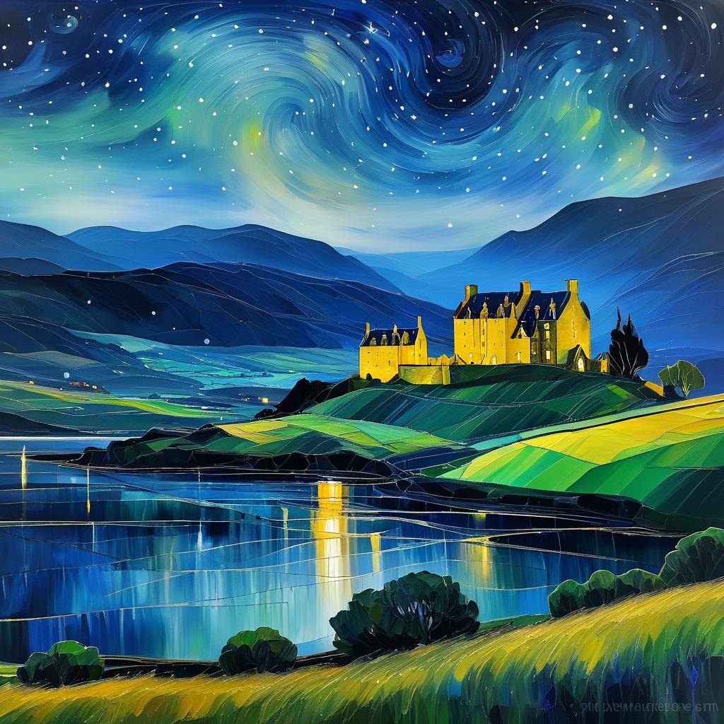 Starry Scottish Highlands in Van Gogh Style