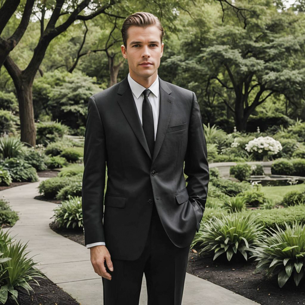 Elegant Man in Funeral Attire at Garden