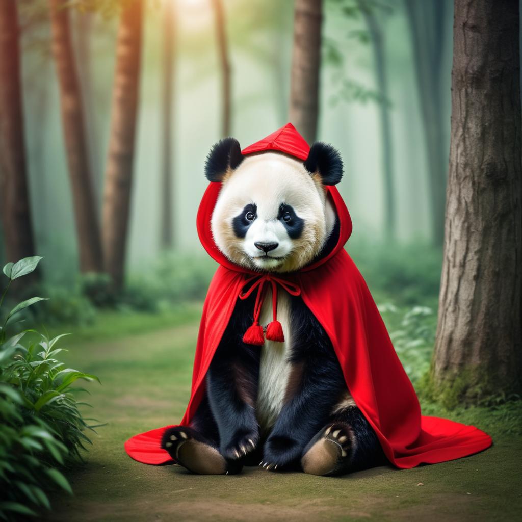 Playful Panda in Little Red Riding Hood