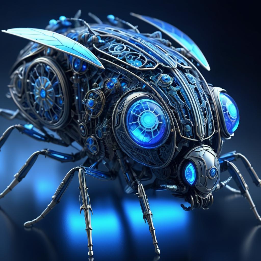 Glowing Blue Mechanical Insect Art