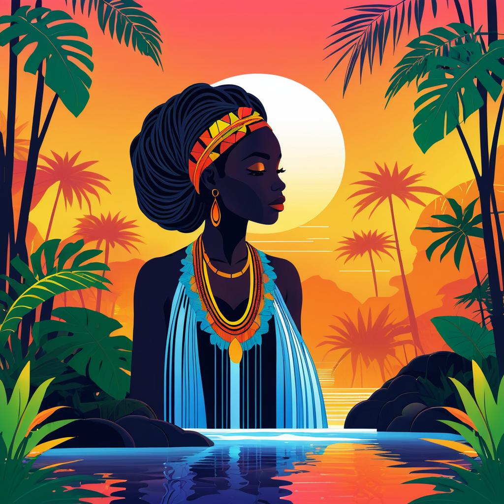 Serene Waterfall: An African Sunset Woman