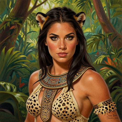 Digital artwork of a fierce, brown-skinned woman with black hair, leopard ears, and a spotted top, wearing ancient, gold-trimmed jewelry