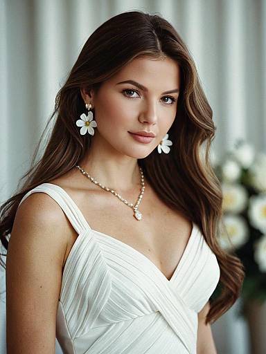 Photograph of a young woman with long brown hair, wearing a white dress, white daisy earrings, and a pearl necklace, standing against a blurred