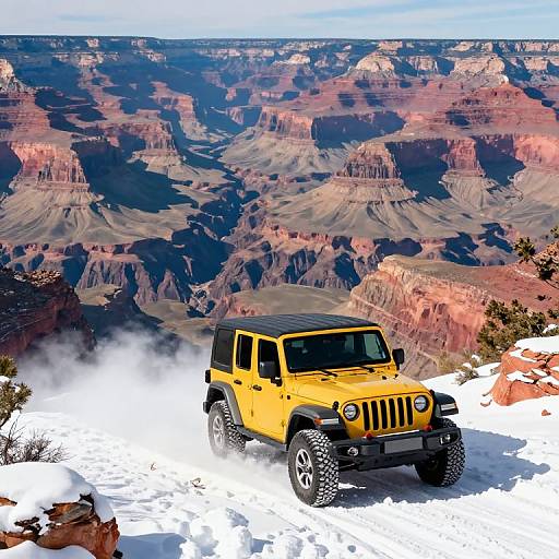 Photograph of a bright yellow Jeep Wrangler driving through snowy terrain with a stunning, colorful Grand Canyon backdrop. Dust clouds beneath the vehicle contrast with the