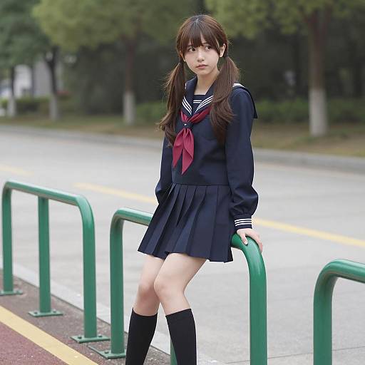 Japanese Schoolgirl on Bike Rack