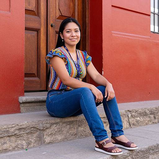 Ecuadorian Woman on Stone Steps