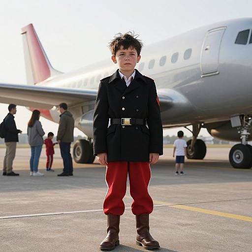 Young Boy in Military Uniform by Airplane