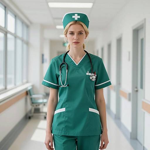 Female Nurse in Green Scrubs Standing in Hospital Hallway
