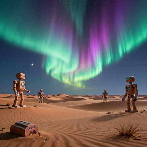 Photograph of four astronauts in futuristic suits standing in a desert under vibrant green, purple, and blue auroras in a starry night sky.