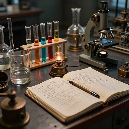 Photograph of a laboratory desk with an open book, pen, colorful test tubes, glass beakers, a lit Bunsen burner, and a