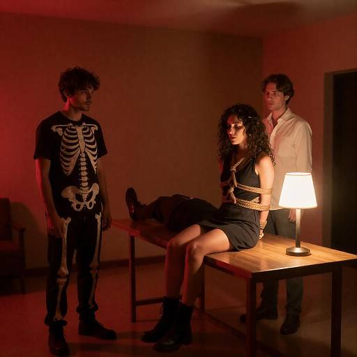 Dimly Lit Room with Bound Woman and Two Men