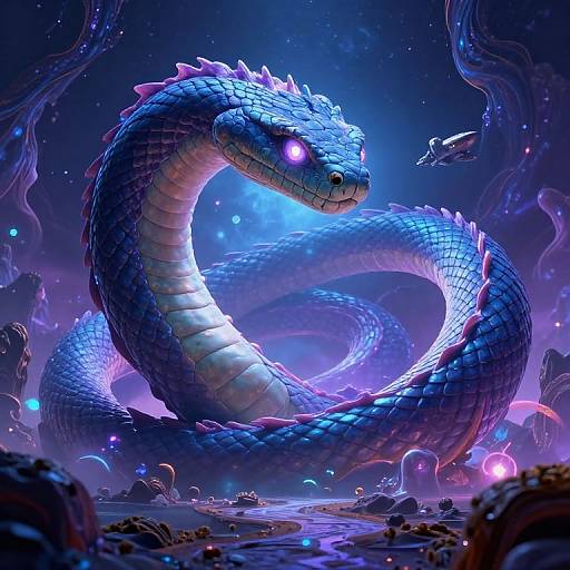 Digital artwork of a glowing, blue, serpentine dragon with purple eyes, coiled in a mystical, neon-lit, underwater cave. Small