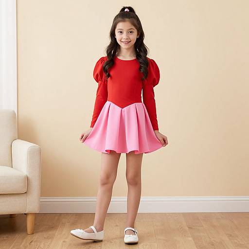Photograph of a young Asian girl with long black hair in a ponytail, wearing a red long-sleeve top and pink skirt, standing in