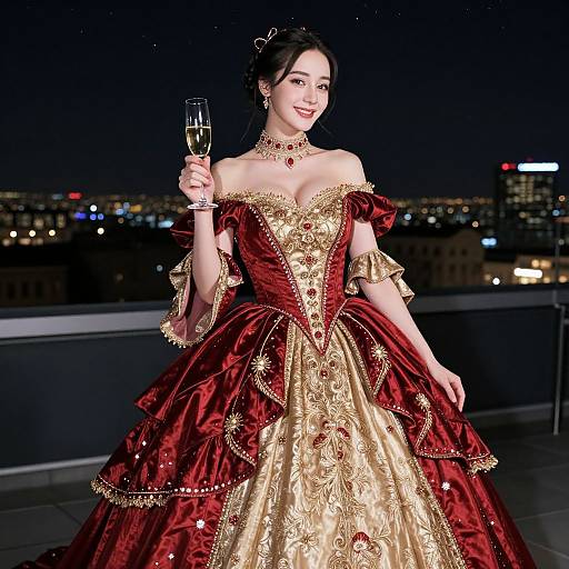 Photograph of an Asian woman in a lavish, off-shoulder red and gold Renaissance-style gown, holding a champagne flute, on a rooftop at