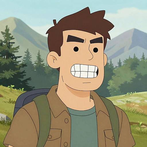 Cartoon-style drawing of a grinning, brown-haired man with thick eyebrows, wearing a green shirt, brown jacket, and backpack, against a mountain