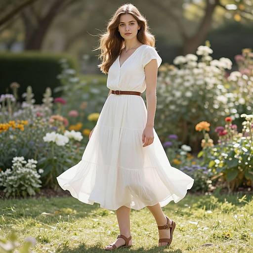 Woman in White Dress in Garden