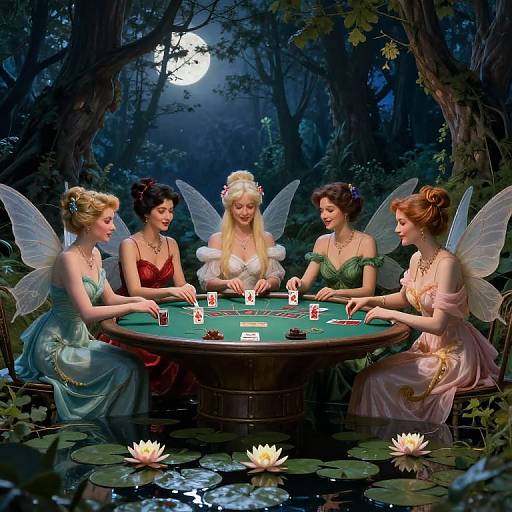 Fantasy illustration of five fairy women with translucent wings, wearing colorful dresses, playing cards around a moonlit pond table.