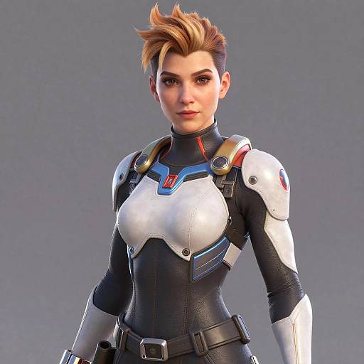 Digital CGI of a strong, fair-skinned woman with short, spiky brown hair, wearing a white and black futuristic bodysuit with blue accents