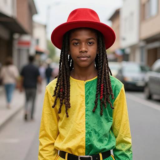 Photograph of a young Black boy with dark skin, wearing a red hat, yellow-green shirt, and dreadlocks, standing on a blurred urban street