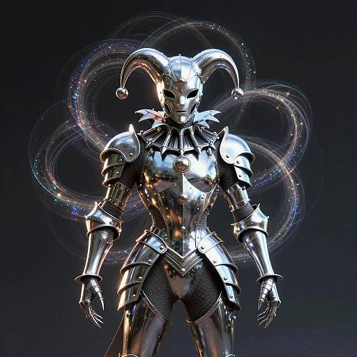 CGI image of a shiny, silver, armored jester with glowing, swirling, starry patterns in the background, standing confidently.