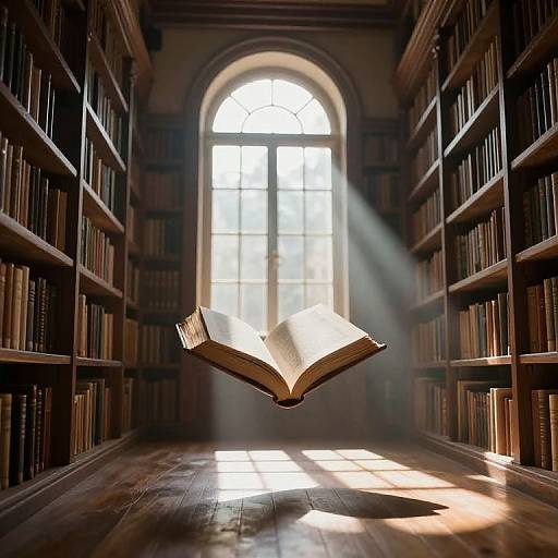 Photograph of an open book floating in a sunlit library with tall wooden bookshelves and a large arched window. Sun rays illuminate the book