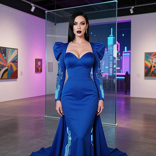 Photograph of a dark-haired woman in a vibrant blue, form-fitting gown with neon stripes, standing in a modern art gallery with neon cityscape