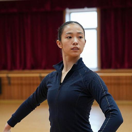 Photograph of an Asian female ballerina with dark hair in a bun, wearing a black, long-sleeved leotard, standing in