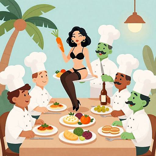 Playful Dinner Scene with Chefs and Model