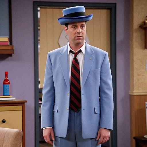 Photograph of a middle-aged man in a light blue suit, black and red striped tie, and blue hat, standing in a purple-walled room