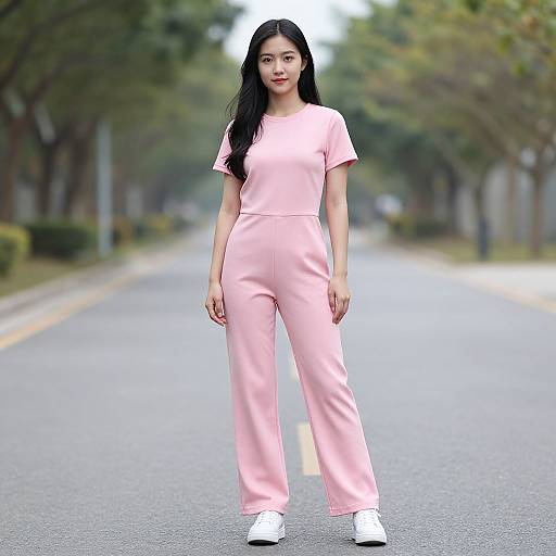Woman in Pink Jumpsuit Outdoors