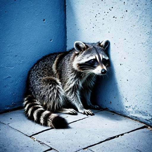 Cautious Raccoon in Blue Corner