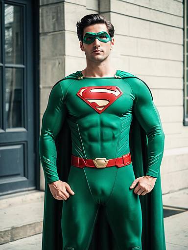 Green Superhero Standing by Building