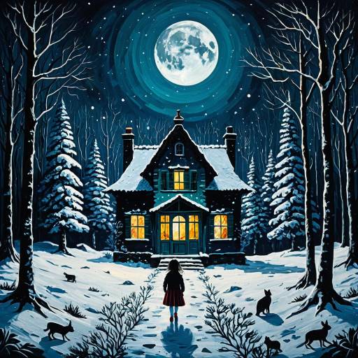 Mysterious Winter Night with Girl and House