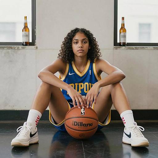 Young Woman with Basketball in Jersey