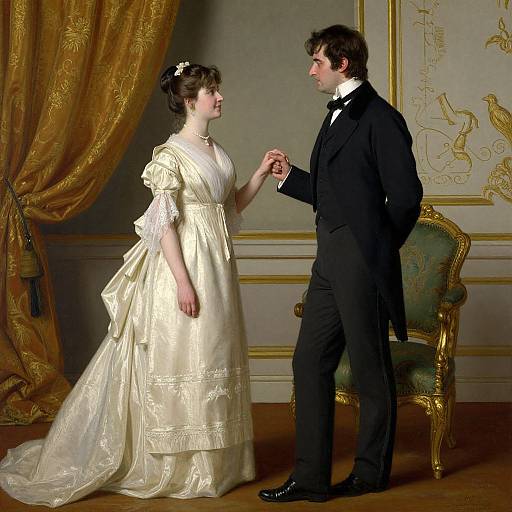 Photograph of a Victorian-era couple; woman in a cream satin wedding dress, man in black tailcoat, holding hands in an ornate room.