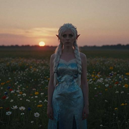 Photograph of a white-haired, elf-like woman with pointed ears in a blue, strapless dress, standing in a sunset-lit field of colorful