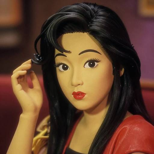 Photograph of a detailed Asian doll with long black hair, red lipstick, and a red garment, posing with hand near face.