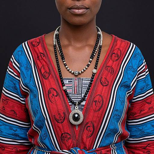Photograph of a person with dark skin wearing a vibrant red and blue patterned dress, black bead necklace, and silver geometric pendant, against a dark