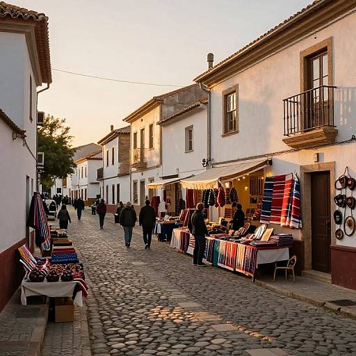 Photograph of a cobblestone street at sunset in a quaint, European town. People stroll past colorful outdoor market stalls, white-washed buildings with