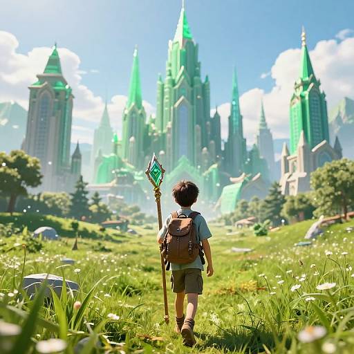 Digital artwork of a young boy with a brown backpack and staff, facing a vibrant, green-hued, castle-filled fantasy landscape under a bright blue sky