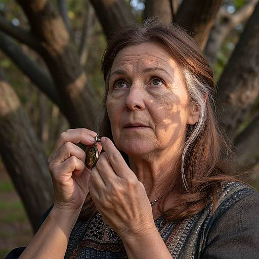 Photograph of an older woman with brown hair, holding a butterfly close to her face in a forest, sunlight filtering through trees.