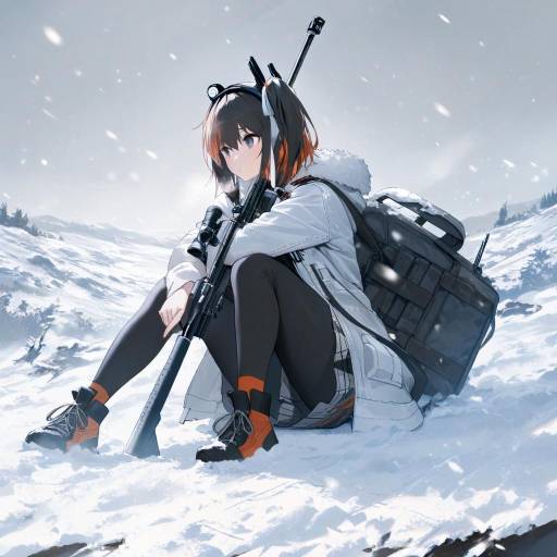 Female sniper in snow-covered forest