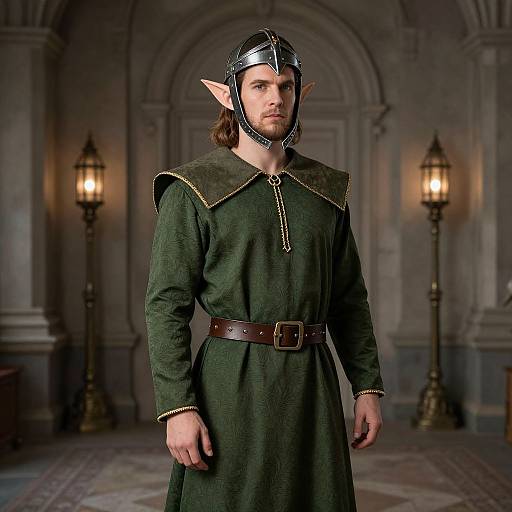 Photograph of a bearded man with pointed elf ears, wearing a medieval green tunic, brown belt, and metal helmet, standing in a dim