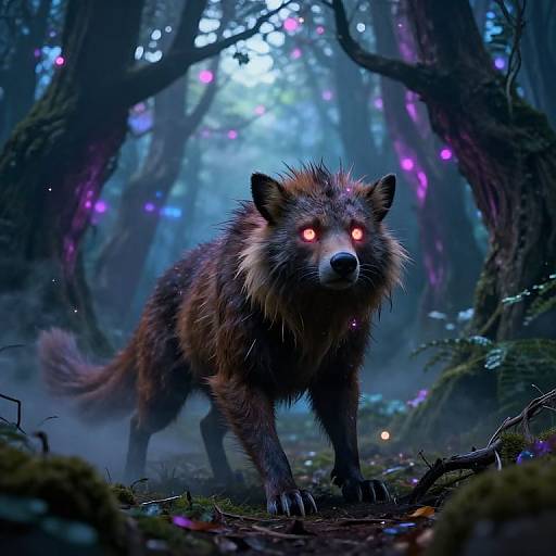 Digital art of a glowing-eyed, fierce wolf with dark fur standing in a mystical, misty forest illuminated by pink and blue lights.