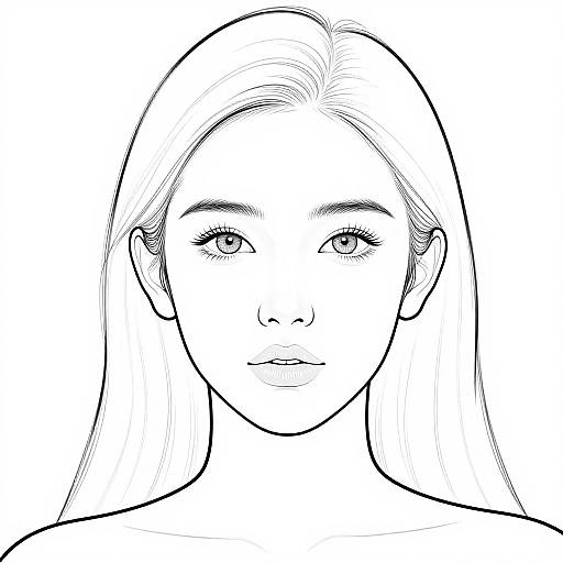 Black-and-white line drawing of a young woman with long straight hair, large eyes, and a neutral expression, viewed from the chest up.