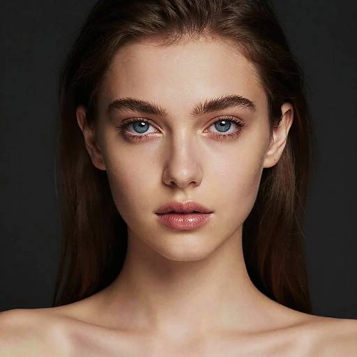 Photograph of a fair-skinned, blue-eyed young woman with long brown hair, gazing directly at the camera against a dark background.